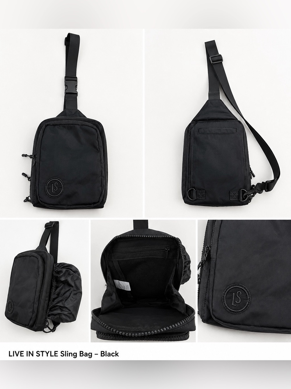 LIVE IN STYLE Black Sling Bag Crossbody Hidden Water Bottle Pocket